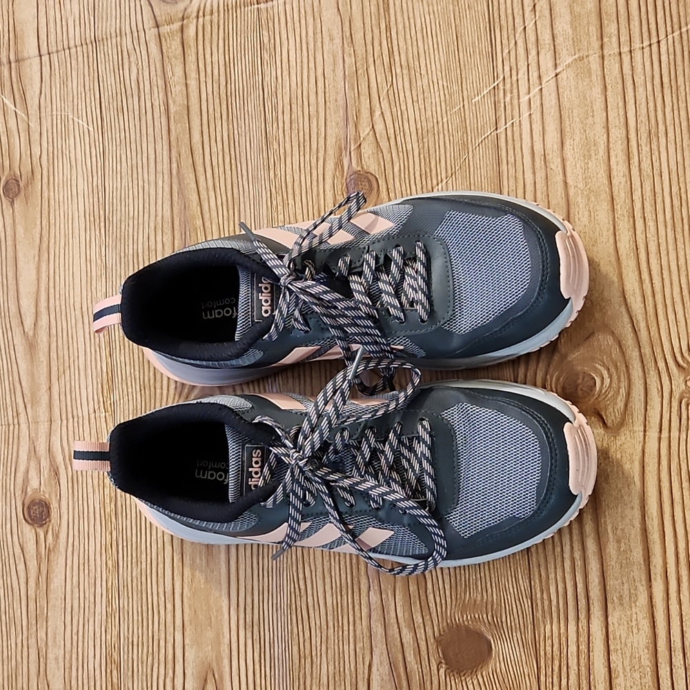 EUC Adidas Grey w/Coral Stripes